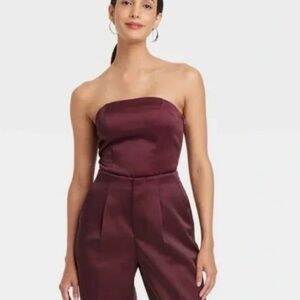 a new day Strapless Satin 2 Piece Set in Burgundy; Top size Medium, Pants size 6